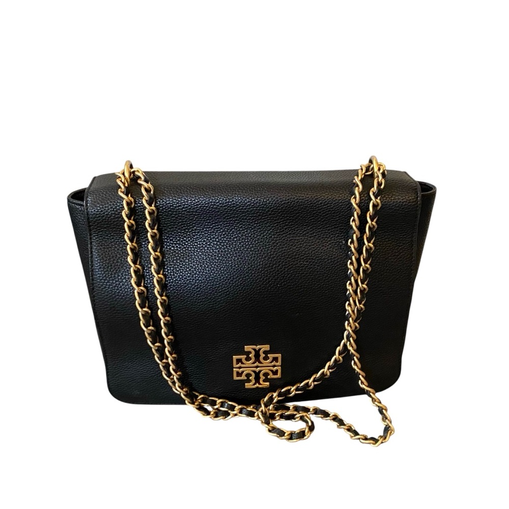 Tory Burch Britten Medium Shoulder Bag Crossbody Black Gold Chain Front Flap